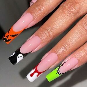 Halloween Ghost Pumpkin Blood 24 Piece Square French Manicure Design Nails